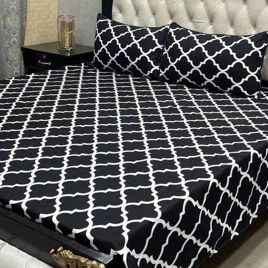 Black Printed Crystal Cotton Double Bedsheet with 2 Pillow Covers