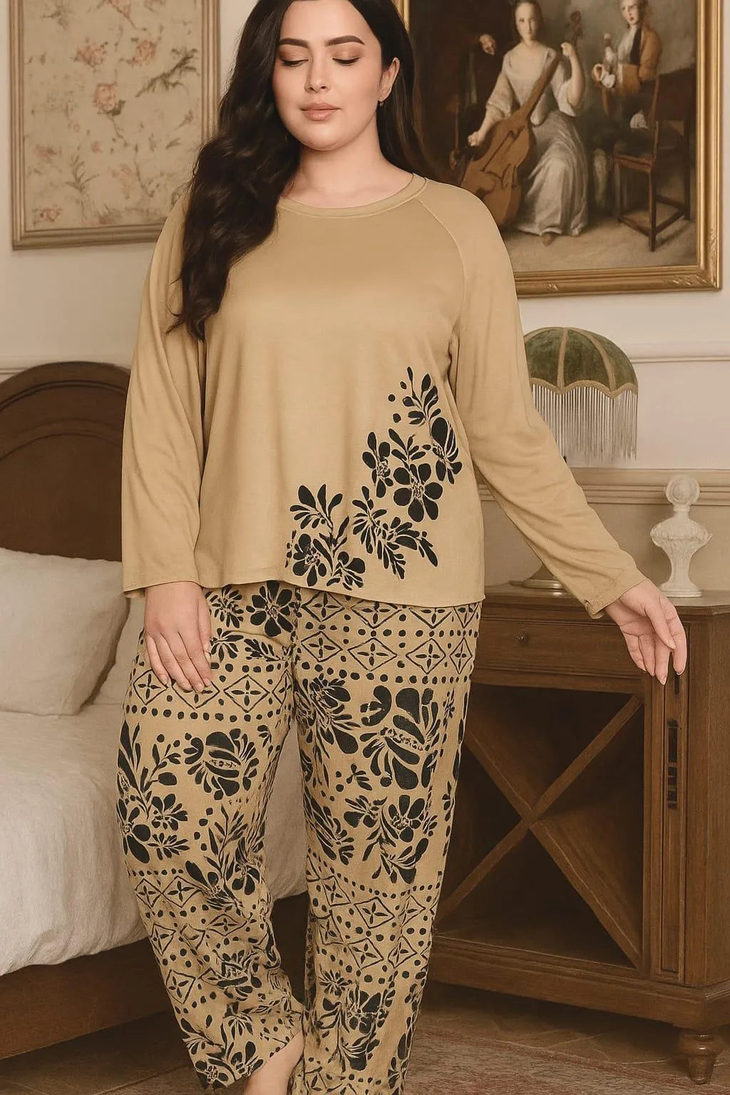 Women's Printed Jersey Night Suit Brown