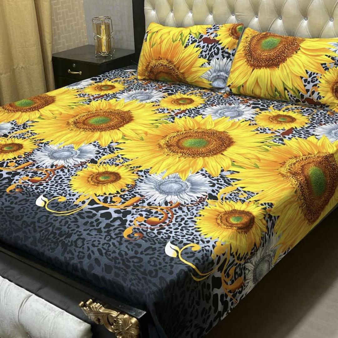 Double Bed Sheet Set Grey Sunflower Print 3 Pcs Crystal Cotton