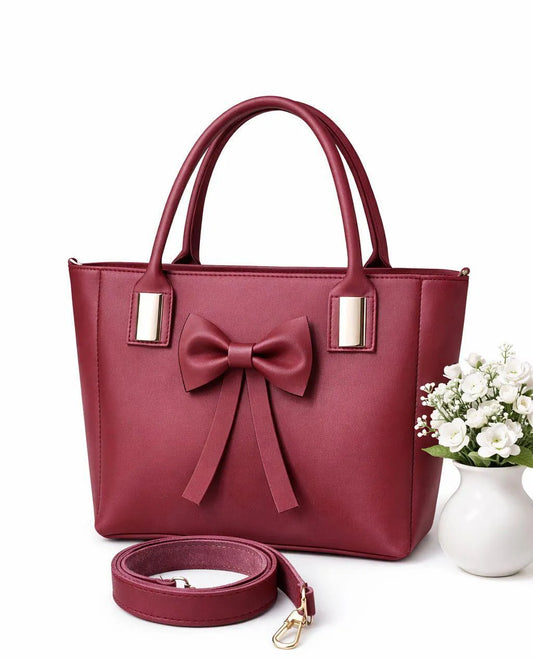 Maroon Leather Shoulder Bag with Bow Knot for Women
