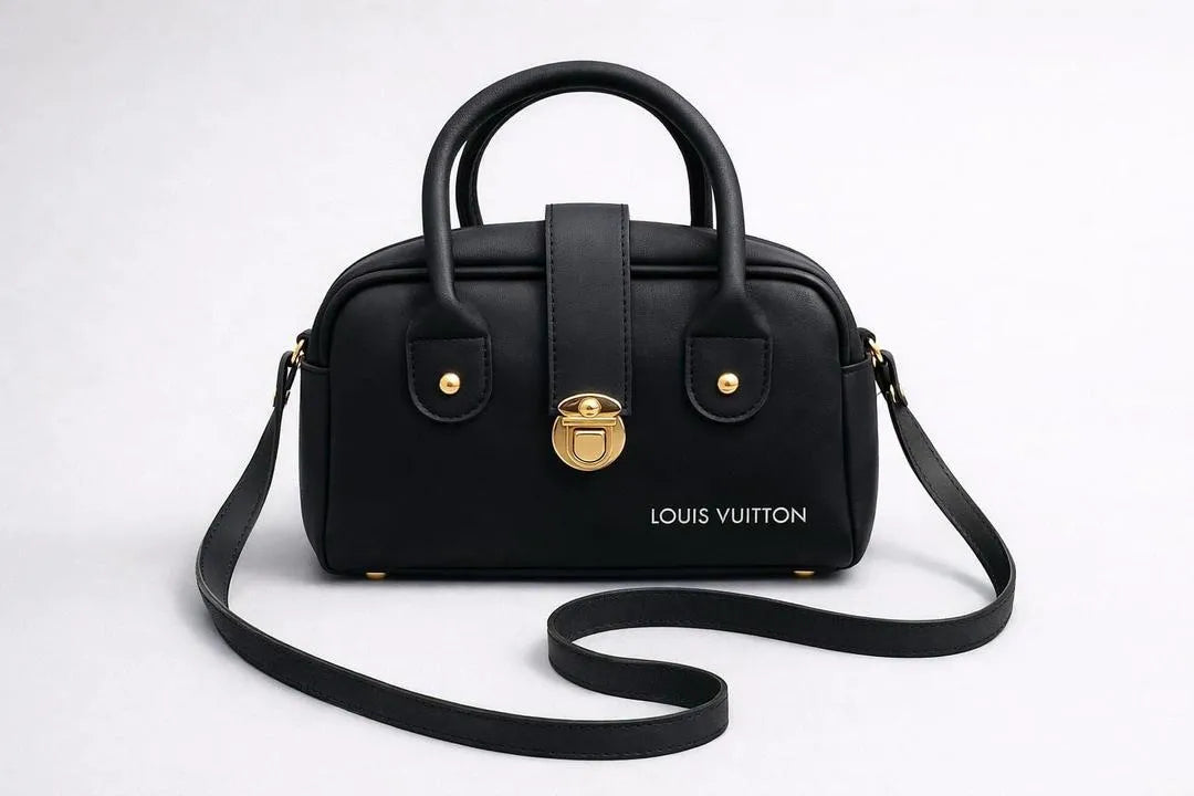 Black Leather Shoulder Bag with Gold Hardware