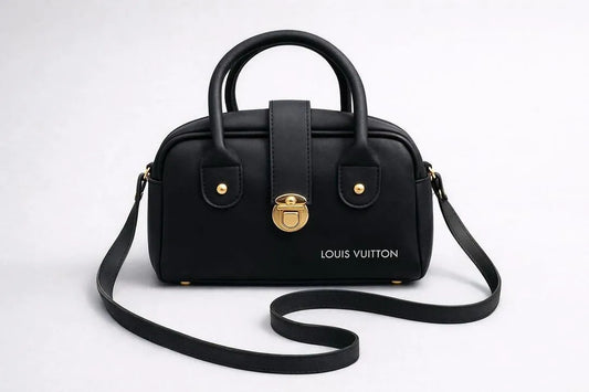 Black Leather Shoulder Bag with Gold Hardware