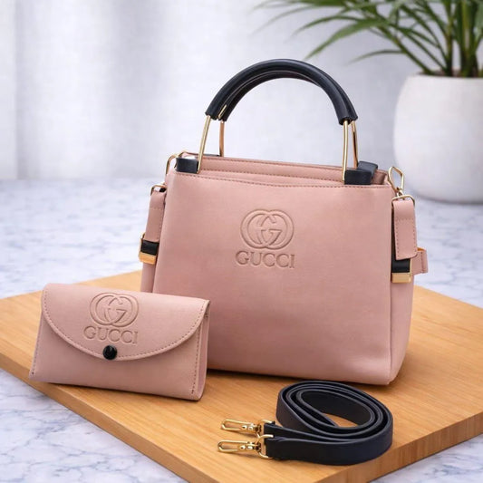Peach Leather Women's Hand Bag Set 2 Pcs Top Handle