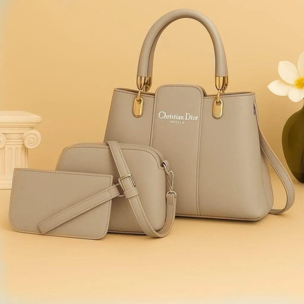 Beige Leather 3Pcs Hand Bag Set Top Handle