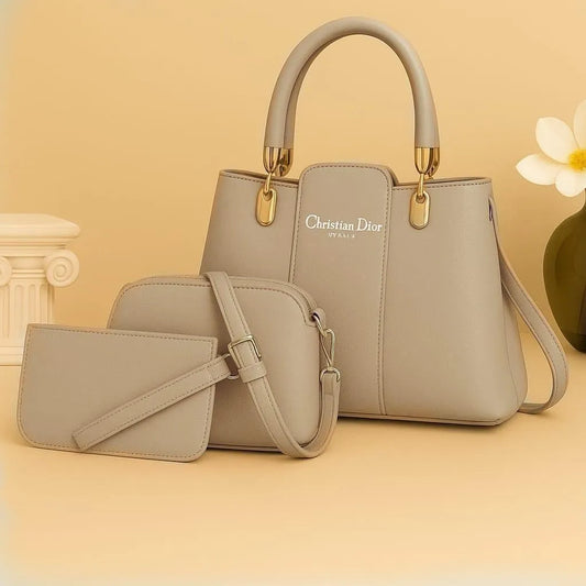 Beige Leather 3Pcs Hand Bag Set Top Handle