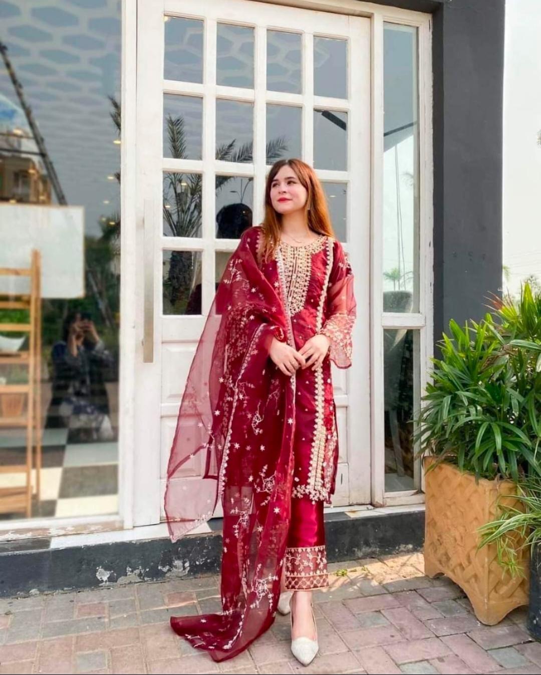 Elegant Women's Organza Embroidered 3-Pc Suit Red Medium