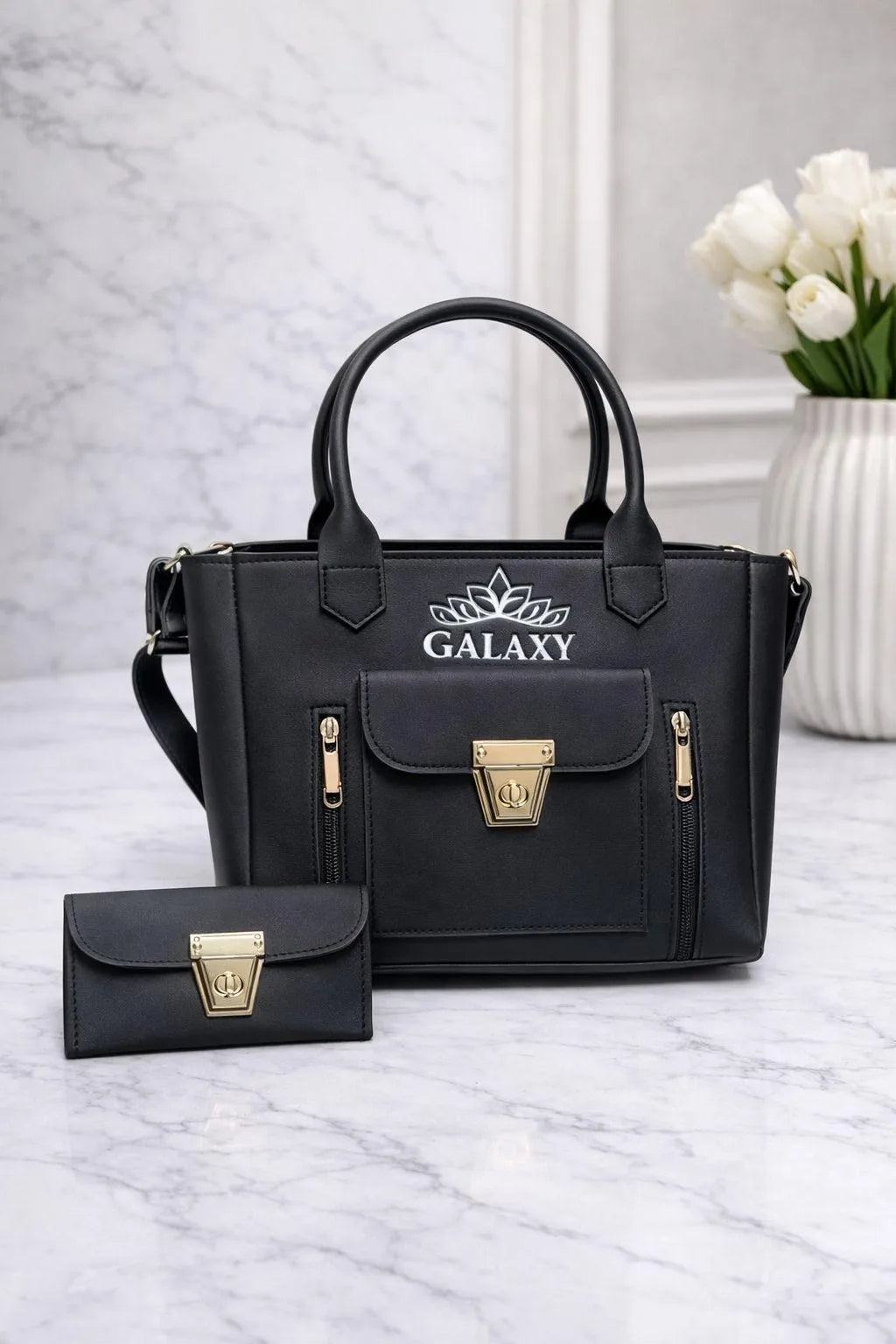 Black Leather Hand Bag Set with Top Handle