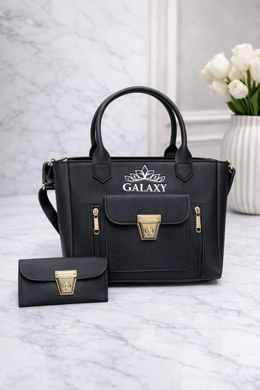 Black Leather Hand Bag Set with Top Handle