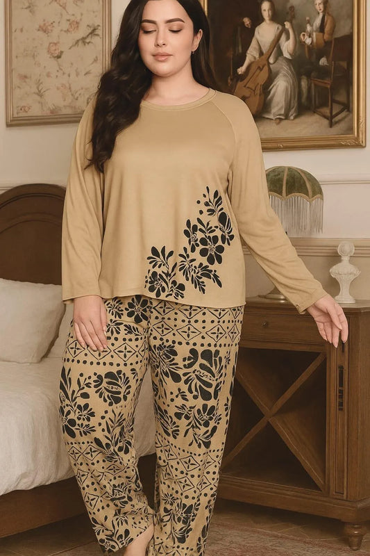 Women's Printed Jersey Night Suit Brown