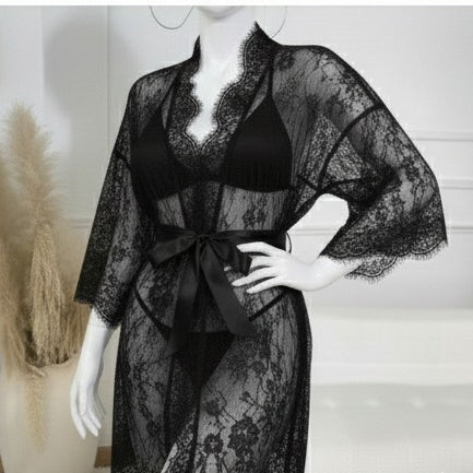 3 Piece Net Gown Set with Bra & Panty | Soft Lace Robe Lingerie | Free Size (fit upto 38 chest) (H)