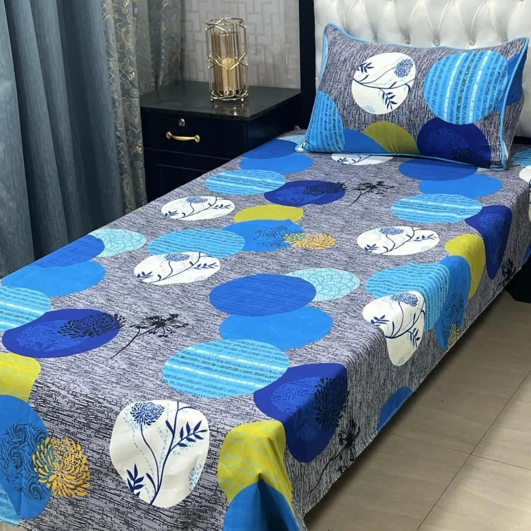 Crystal Cotton Printed Single Bedsheet with Pillow Cover, Grey Blue Floral Pattern