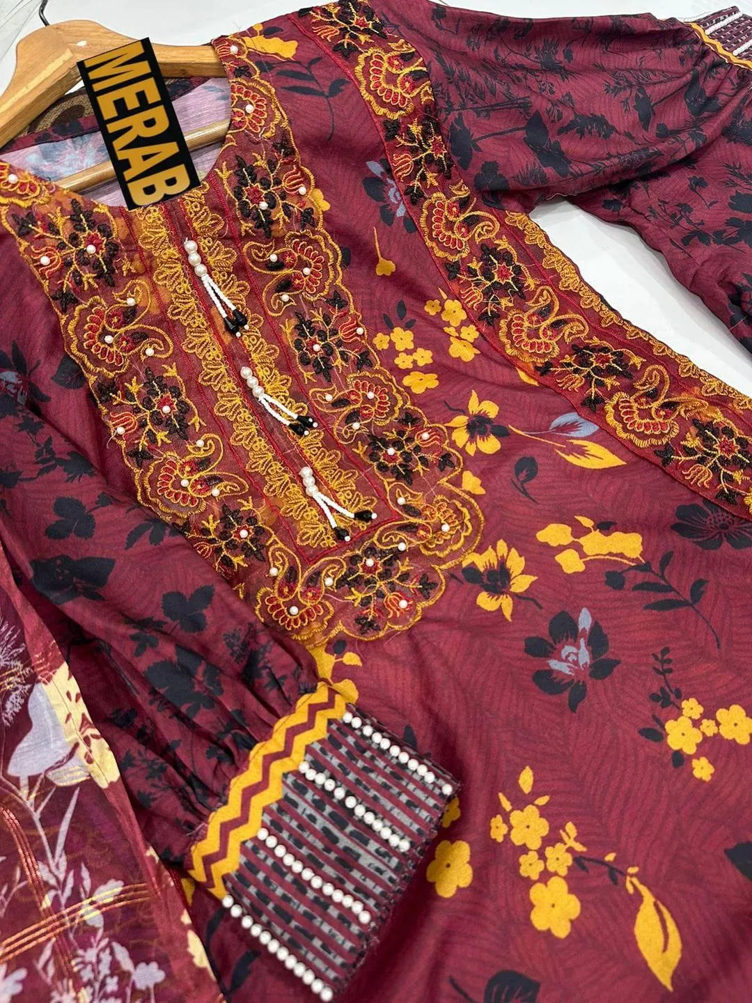 Maroon Printed 3Pcs Lawn Suit with Embroidery