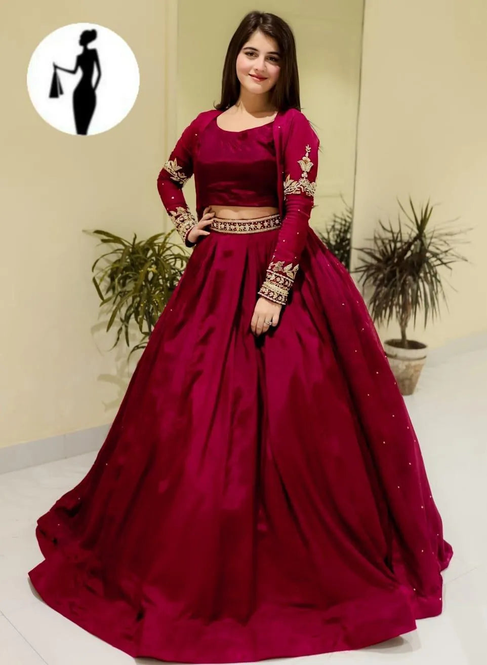 Maroon Shamoz Silk 3Pcs Gown Suit with Embroidery Belt