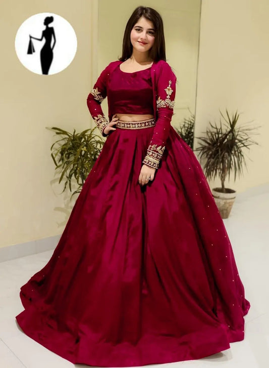 Maroon Shamoz Silk 3Pcs Gown Suit with Embroidery Belt