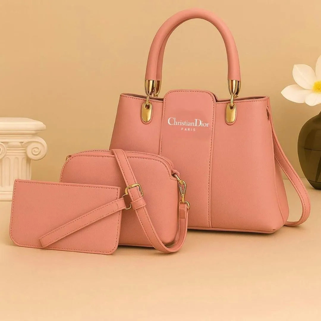 Peach Leather 3Pcs Women Handbag Set Top Handle