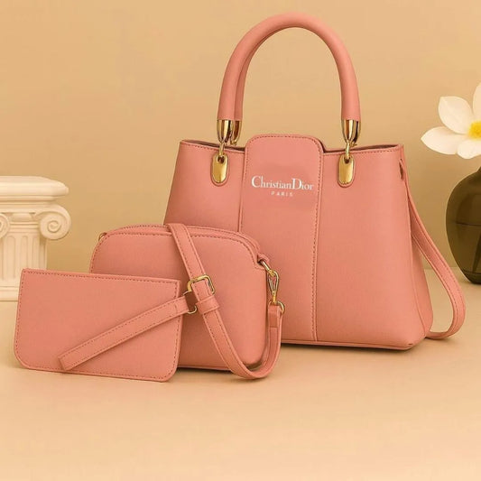 Peach Leather 3Pcs Women Handbag Set Top Handle