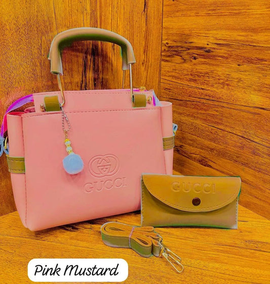 Women's Pink Leather Hand Bag Set 2 Pcs Top Handle