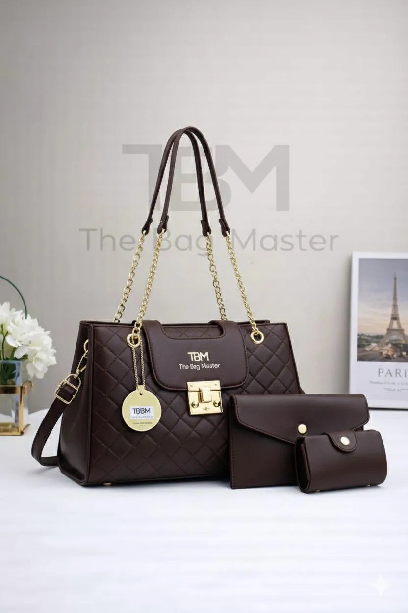 Elegant Quilted 3-Piece Handbag Set for Girls Black Rexine