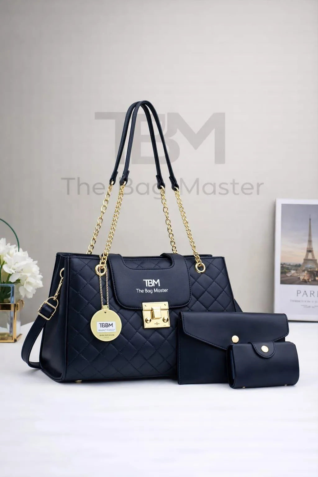 Elegant Quilted 3-Piece Handbag Set for Girls Black Rexine