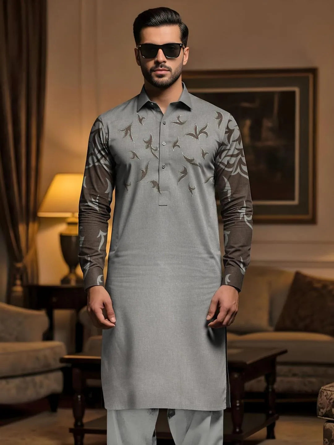 Men's Grey Embroidered Cotton Suit Eid Party Wear Summer