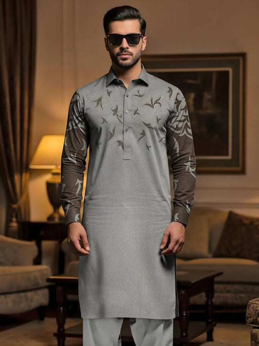 Men's Grey Embroidered Cotton Suit Eid Party Wear Summer