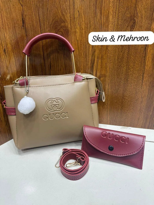 Women's Beige Leather Hand Bag Set with Top Handle and 2 Pcs