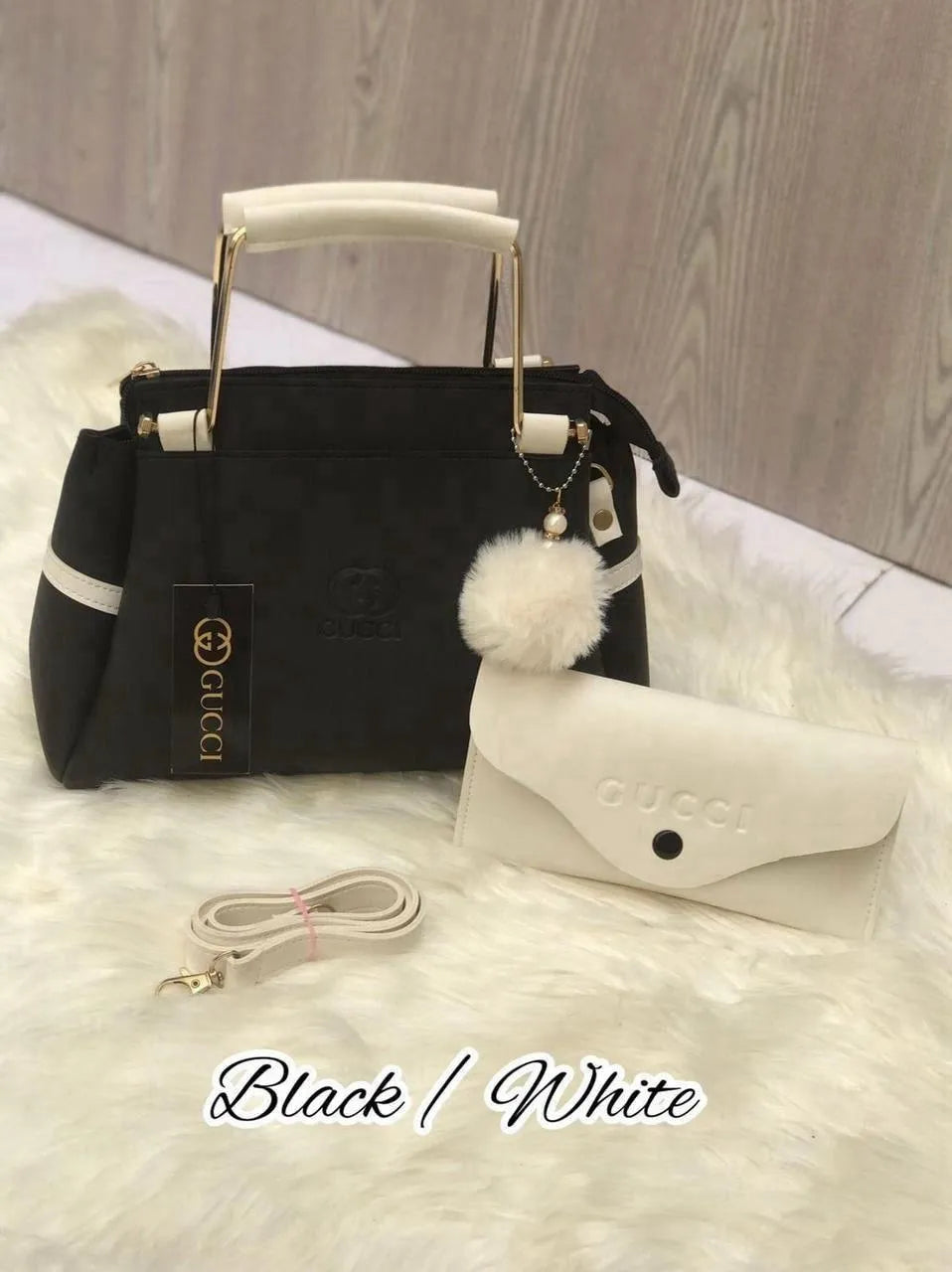 Women Leather Hand Bag Set Black White 2 Pcs Top Handle