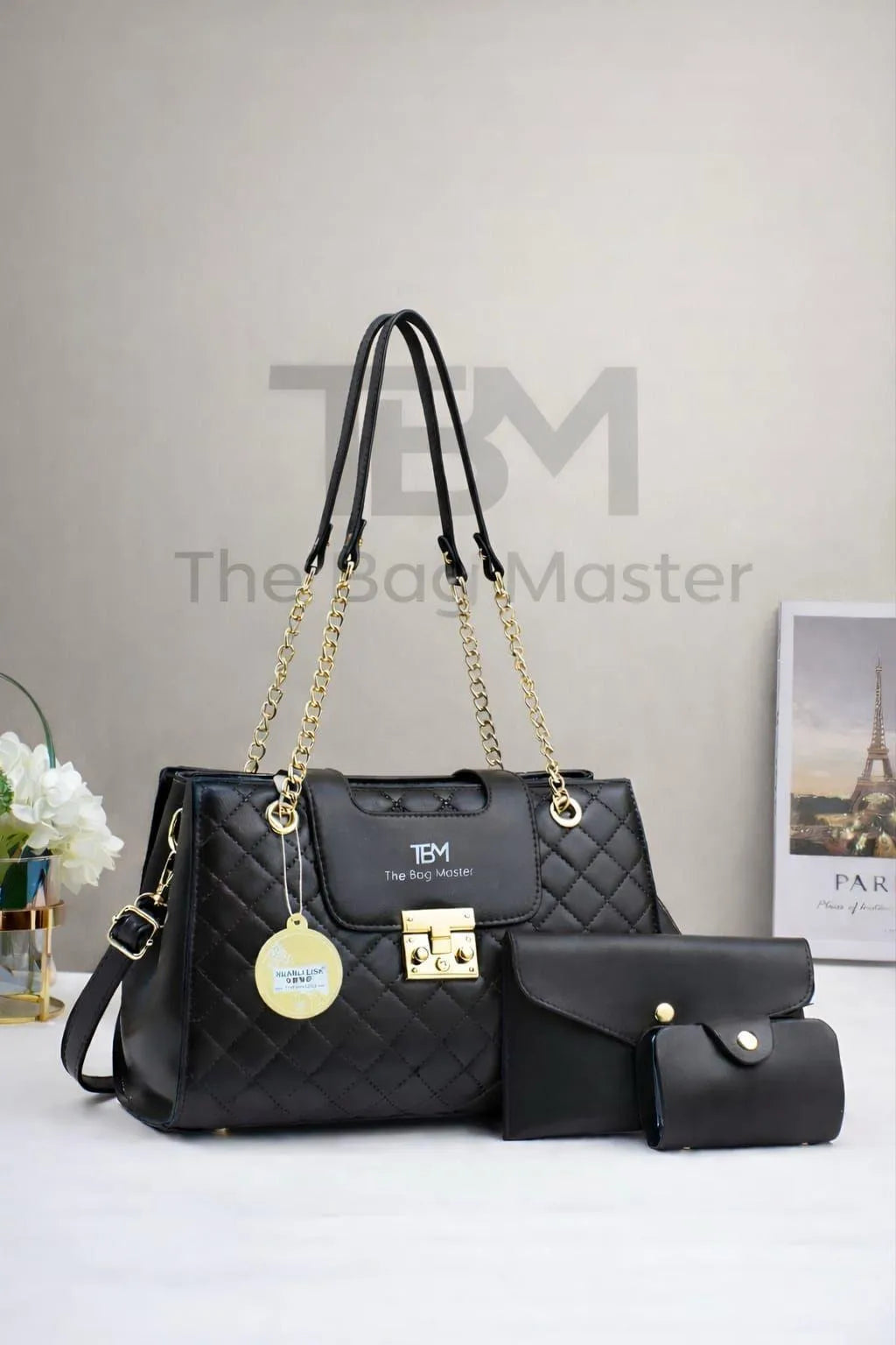 Elegant Quilted 3-Piece Handbag Set for Girls Black Rexine