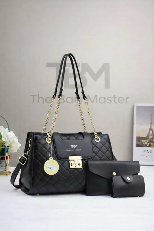 Elegant Quilted 3-Piece Handbag Set for Girls Black Rexine