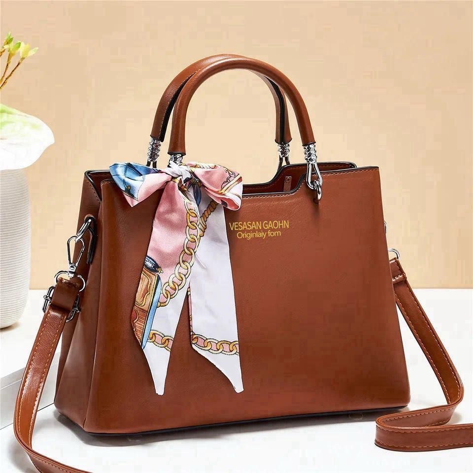 1Pc Vesasan Gaohn Faux Leather Handbag With Decorative Scarf Elegant Design (H)