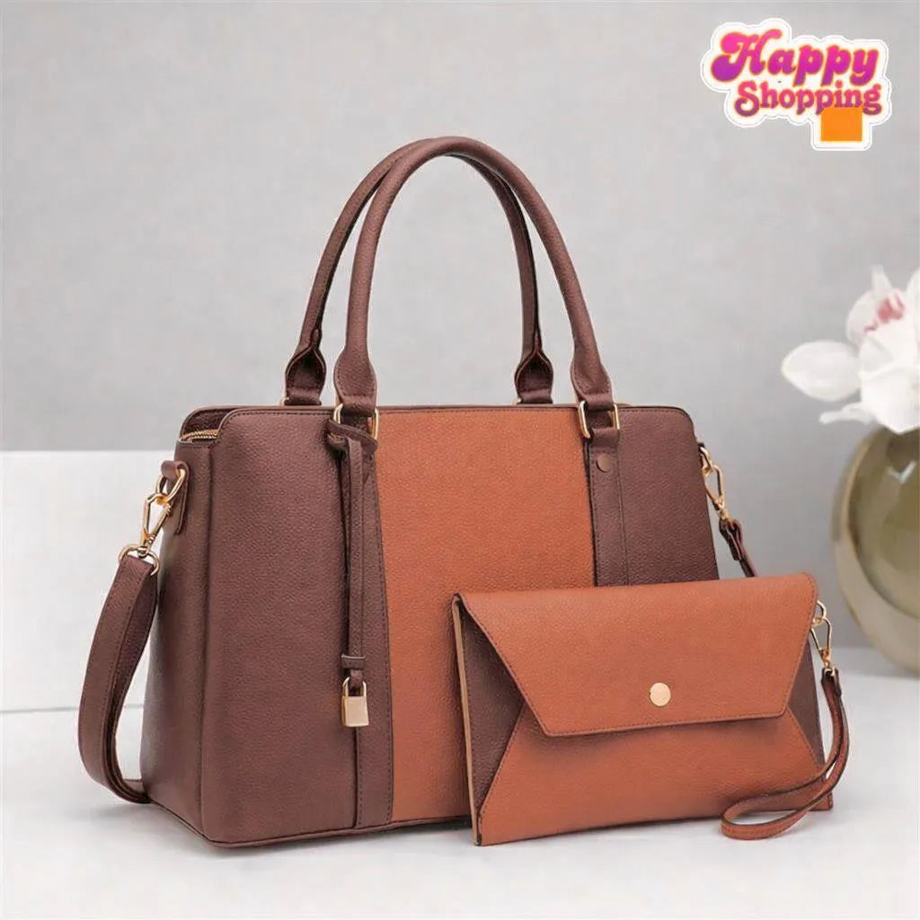 Girls Brown Leather Handbag Set 2 Pcs Top Handle
