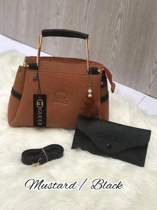 Women's Mustard Leather Hand Bag Set 2 Pcs Top Handle