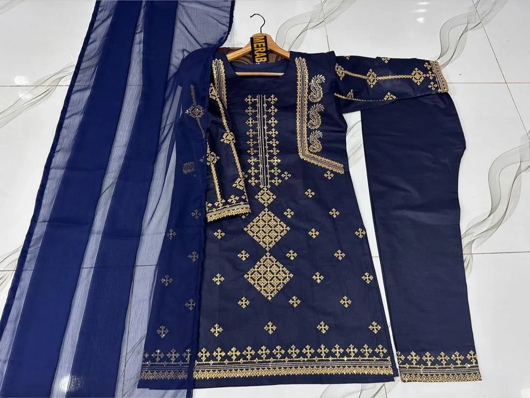 Blue Sequins Embroidered Women's Cotton Suit 3Pcs with Chiffon Dupatta
