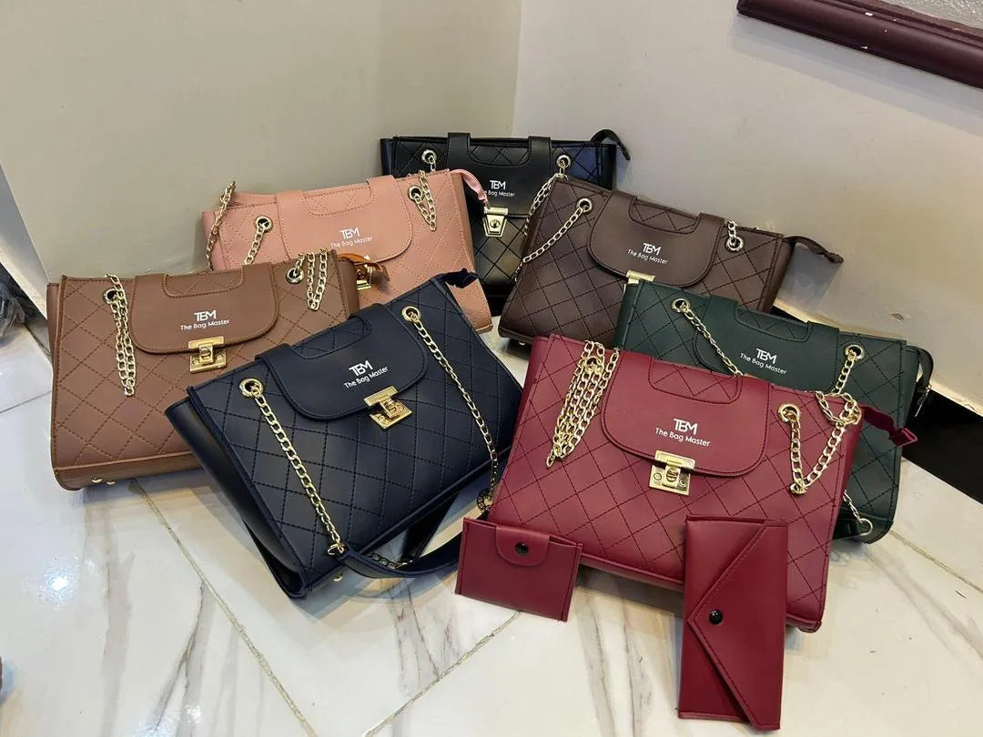 Elegant Quilted 3-Piece Handbag Set for Girls Black Rexine