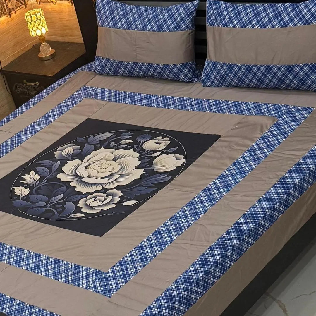 Vibrant 3 Pcs Cotton Sotton Digital Gold Panel Patchwork Double Bedsheet
