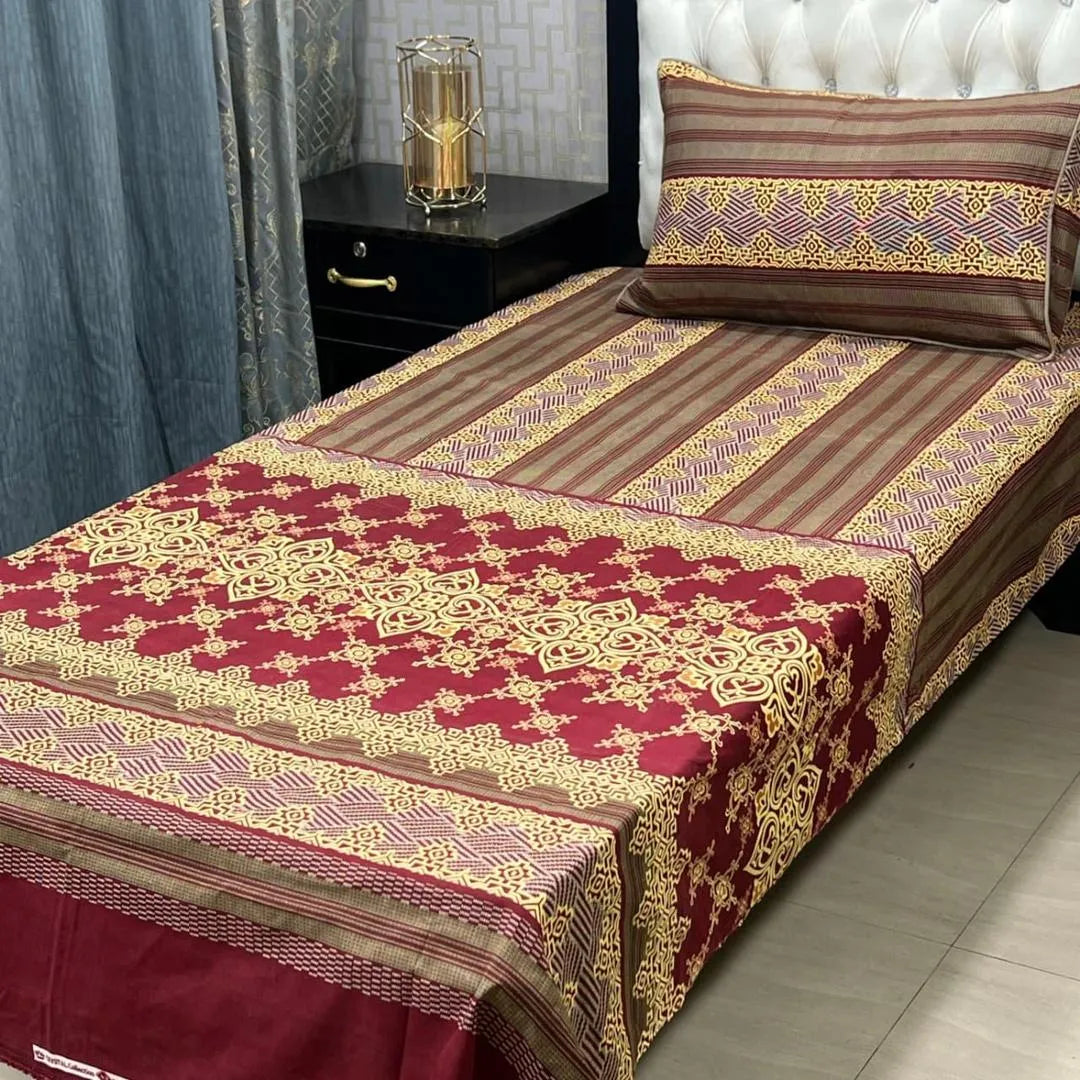 Crystal Cotton Printed Single Bedsheet with Pillow Cover, Red & Gold, 92x60"