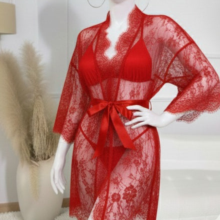 3 Piece Net Gown Set with Bra & Panty | Soft Lace Robe Lingerie | Free Size (fit upto 38 chest) (H)