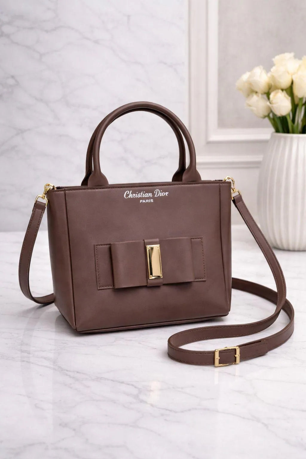 Brown Leather Girl's Shoulder Bag with Bow Design