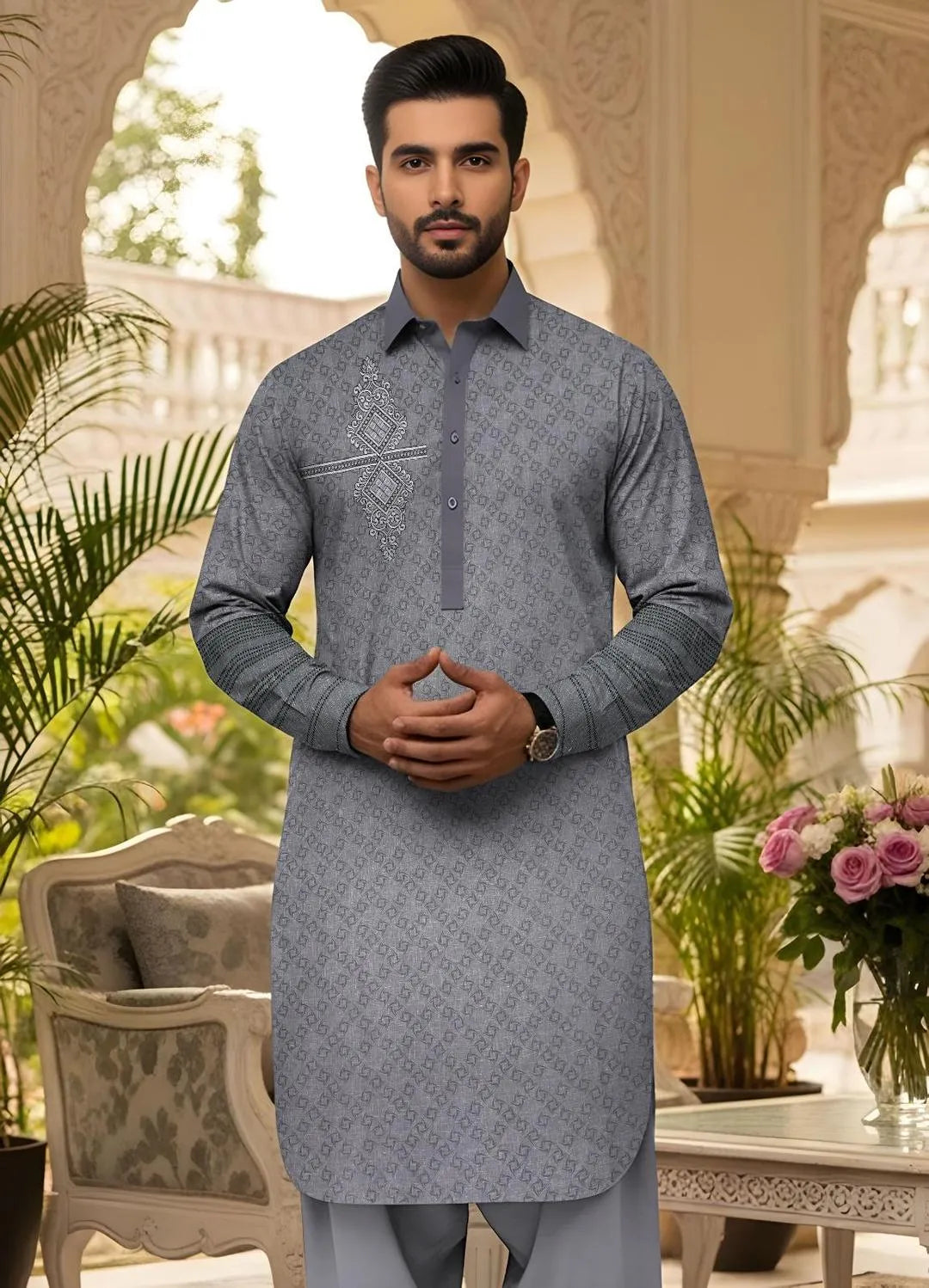 Men's Grey Embroidered Cotton Suit Summer Eid Party Wear