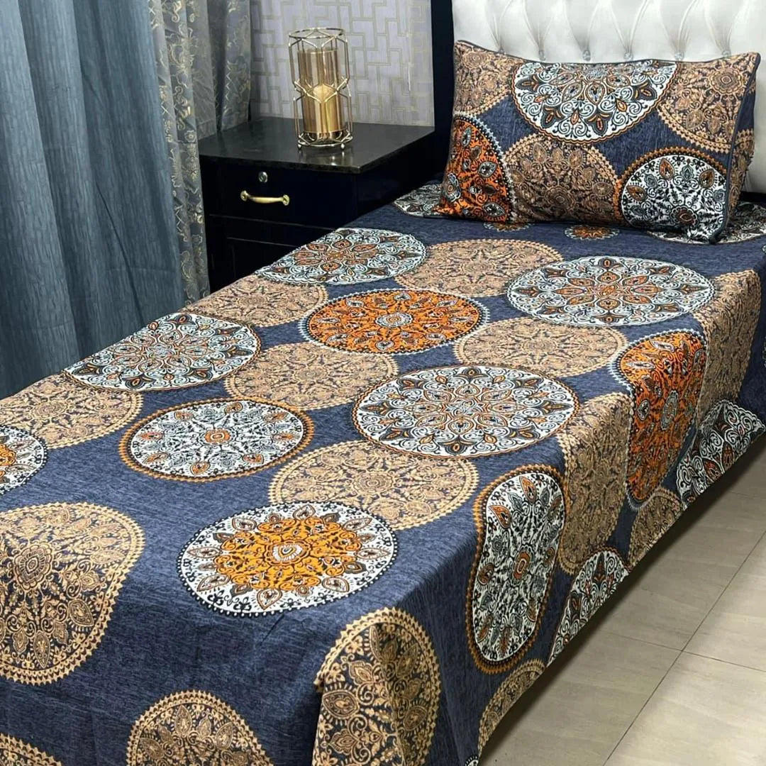Crystal Cotton Printed Single Bedsheet Blue 2 Pcs Set