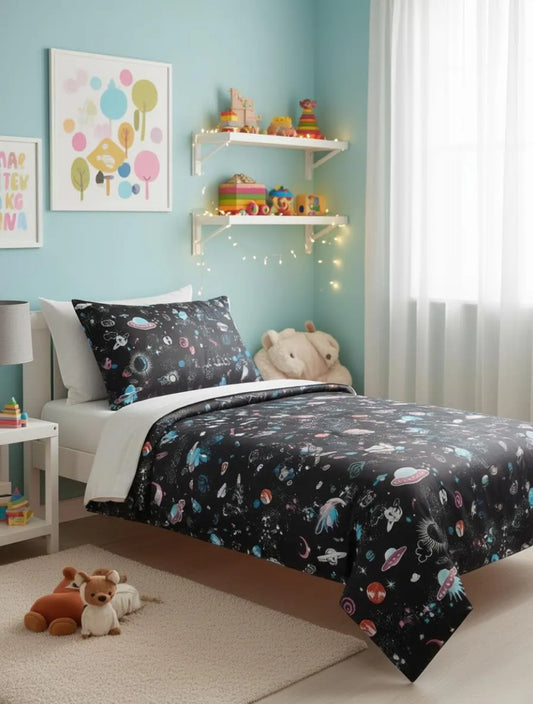 Black Printed Cotton Bedsheet Set for Single Bed with Pillow Cover