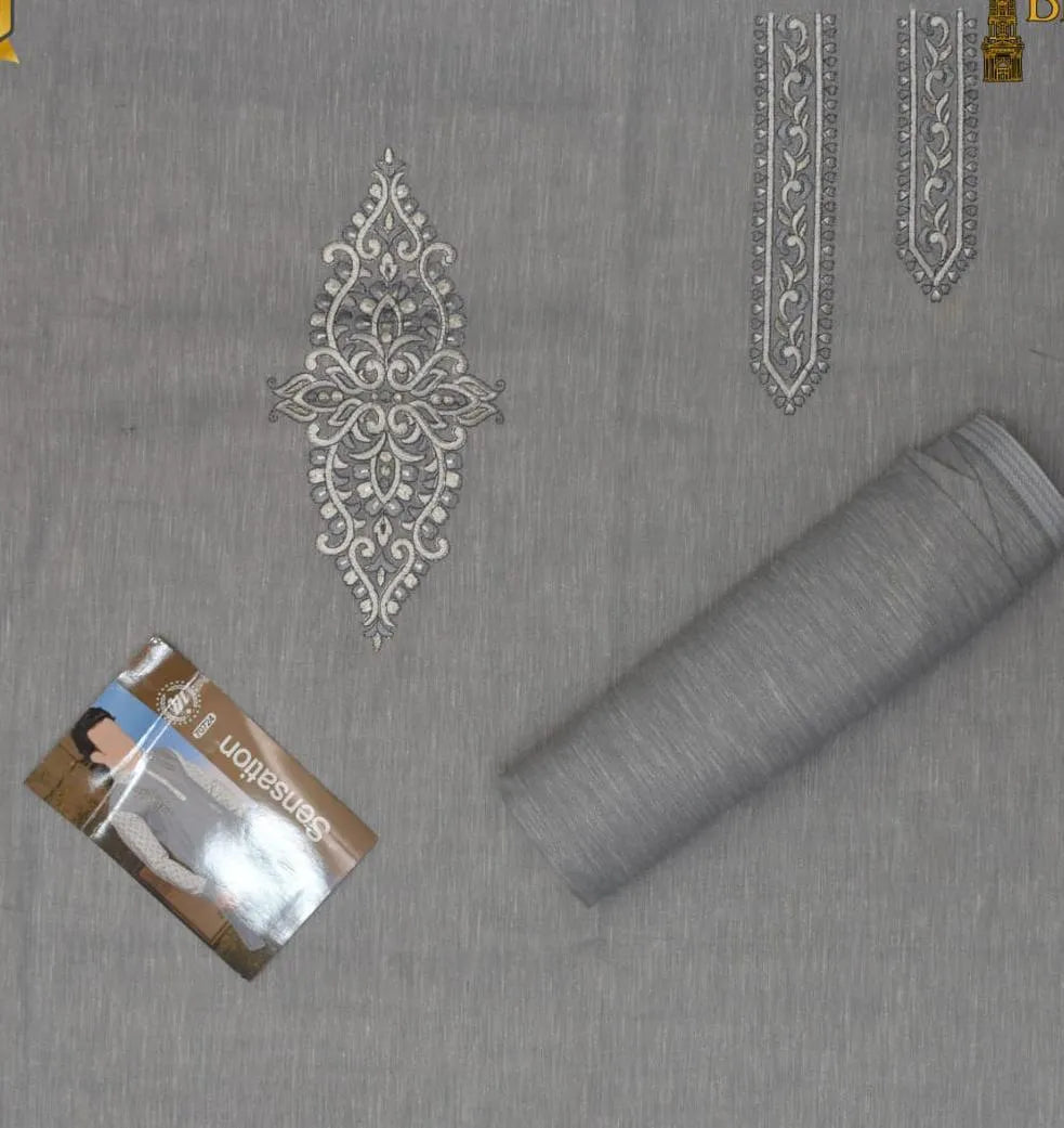 Men's Grey Embroidered Cotton Suit Summer Eid Party Wear