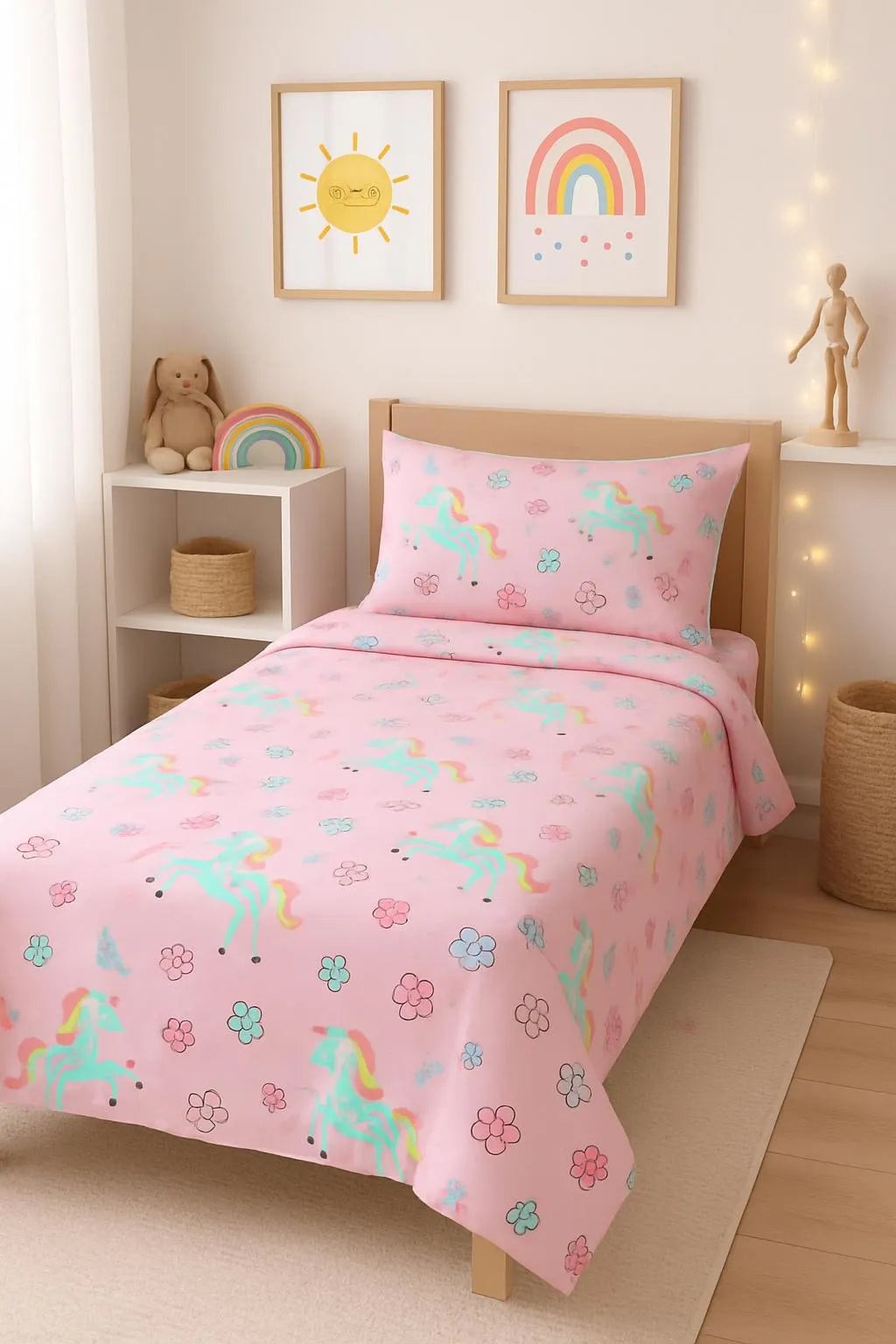 Kids Single Bed Sheet Pink Unicorn Print Cotton 2Pcs