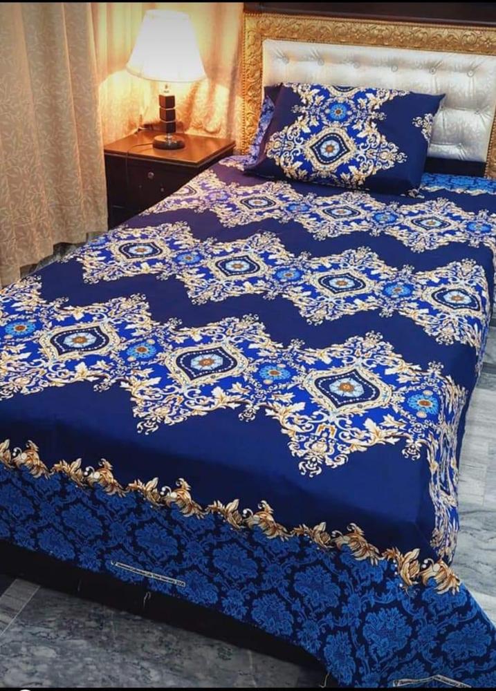 Cotton Printed Single Bedsheet Blue Gold Pattern 4 Pcs