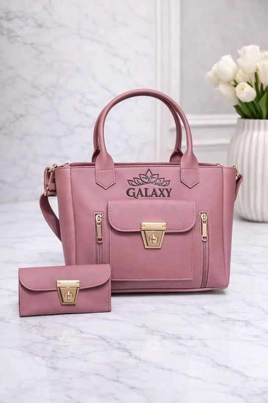 Pink Leather Women's Hand Bag Set 2 Pcs Top Handle