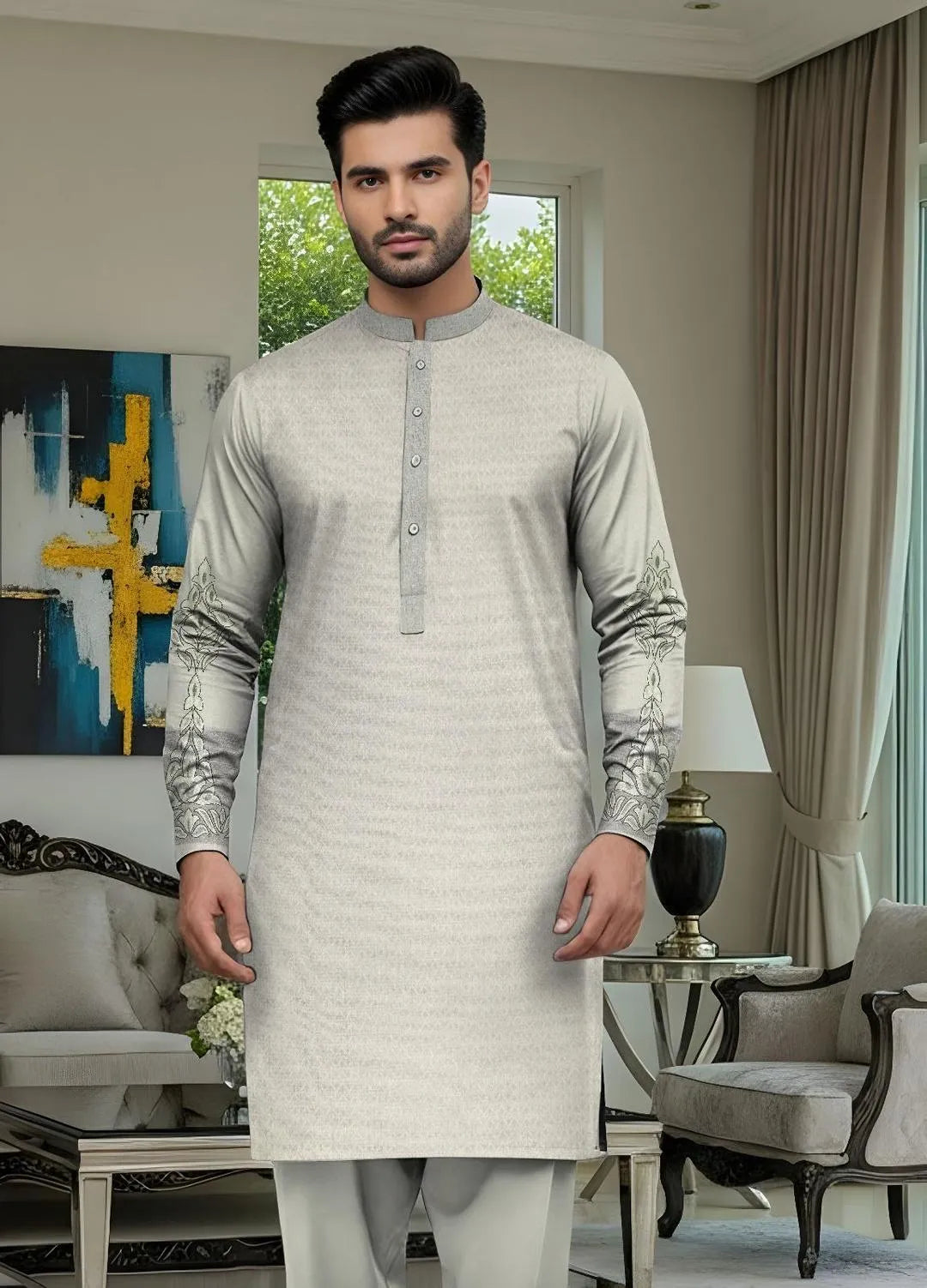 Men's Off White Embroidered Cotton Suit Summer Eid Party Wear