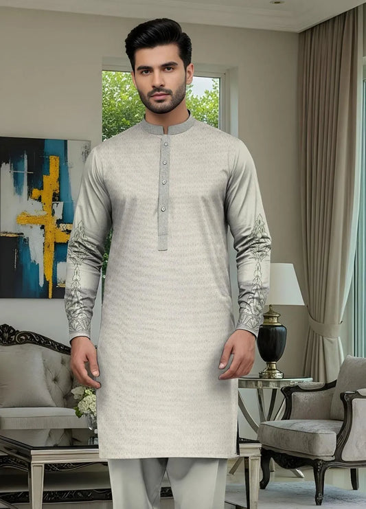 Men's Off White Embroidered Cotton Suit Summer Eid Party Wear