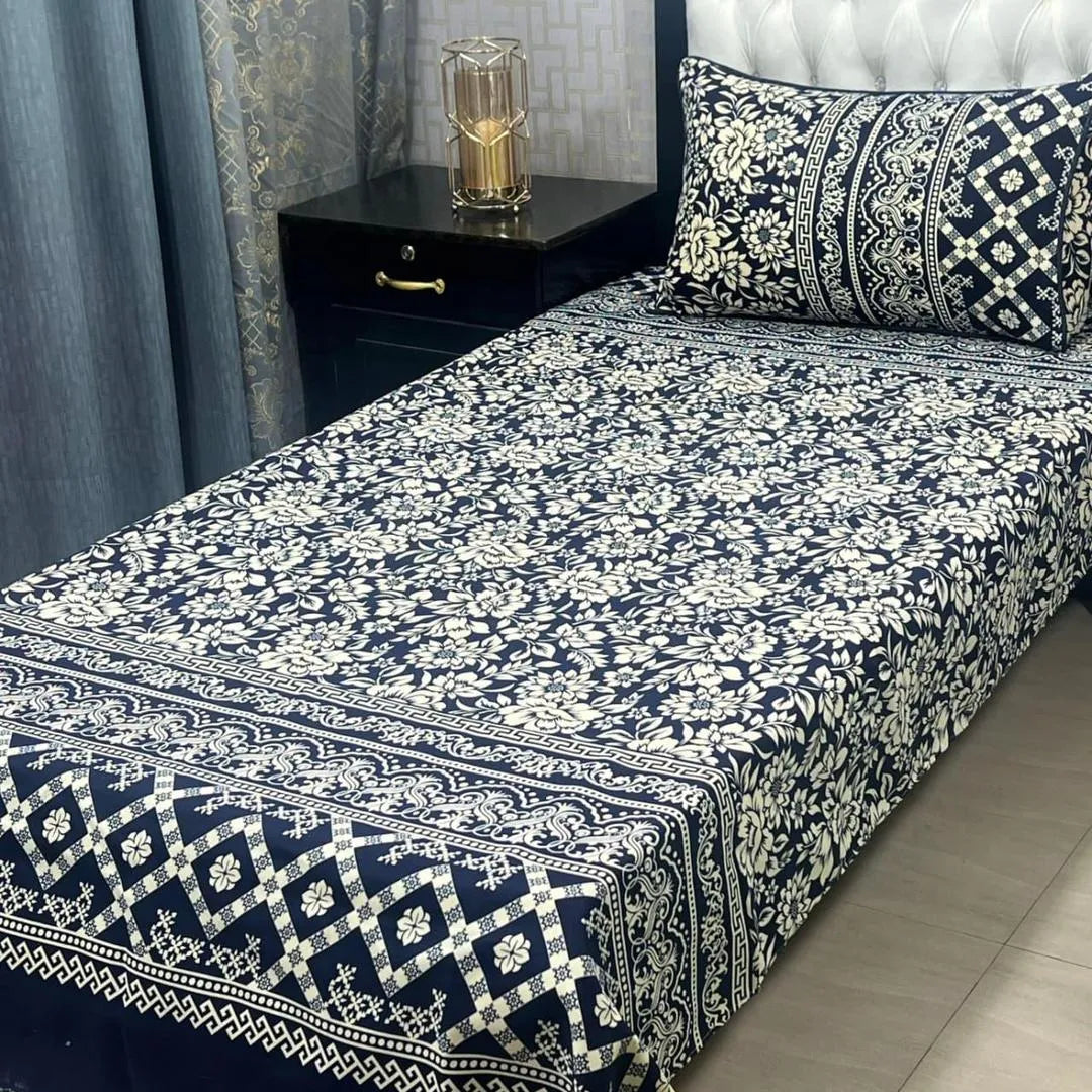 Blue Crystal Cotton Single Bedsheet with Pillow Cover