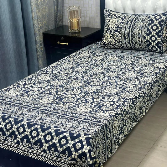 Blue Crystal Cotton Single Bedsheet with Pillow Cover