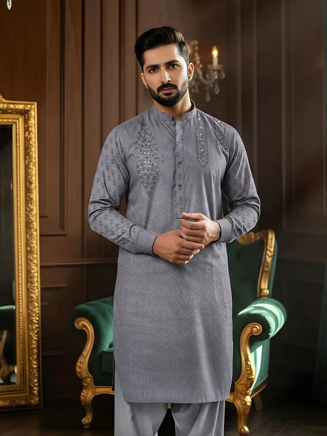 Men's Grey Embroidered Cotton Suit Summer Eid Party Wear
